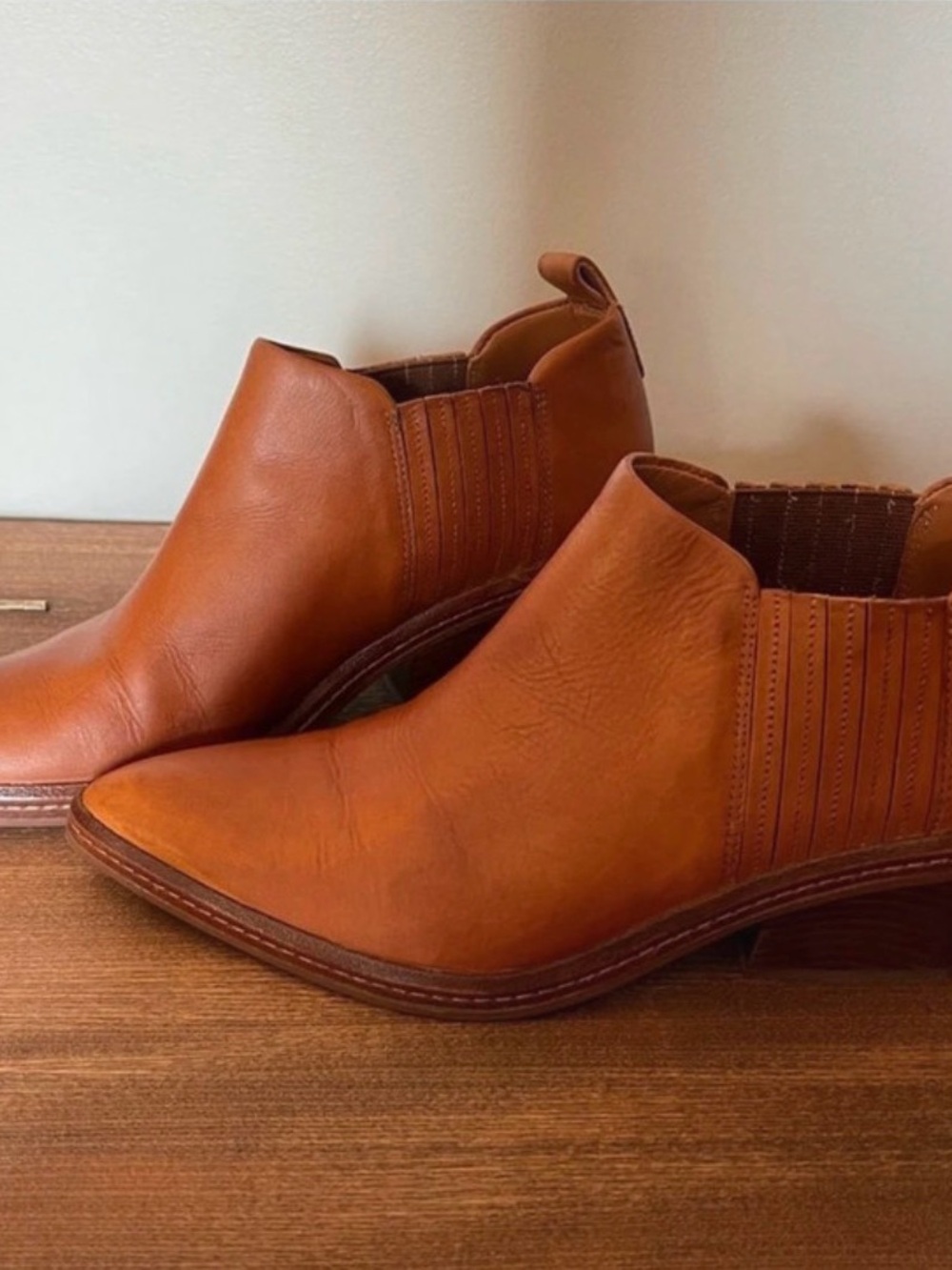 Via Spiga Cognac Leather Chelsea Booties” narrow”
